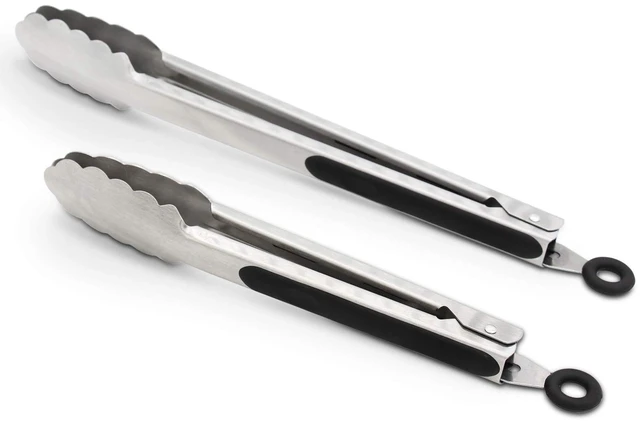 Main image of 304 Stainless Steel Kitchen Cooking Tongs, 9" and 12" Set of 2 Sturdy Grilling Barbeque Brushed Locking Food Tongs with Ergonomic Grip, Black