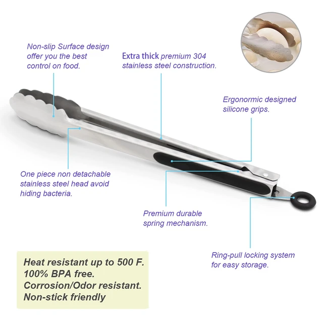 Alt view image 5 of 7 - 304 Stainless Steel Kitchen Cooking Tongs, 9" and 12" Set of 2 Sturdy Grilling Barbeque Brushed Locking Food Tongs with Ergonomic Grip, Black