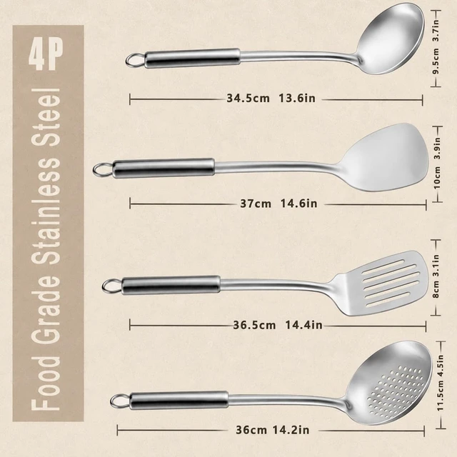 Alt view image 2 of 7 - Cooking Utensils Set - 4 Pcs Stainless Steel Kitchen Utensils Set with Solid Turner, Slotted Turner, Serving Ladle, Slotted Spoon, Wok Utensils Set with Heat Resistant Handle, Dishwasher Safe