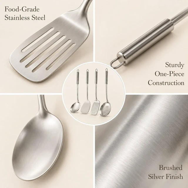 Alt view image 3 of 7 - Cooking Utensils Set - 4 Pcs Stainless Steel Kitchen Utensils Set with Solid Turner, Slotted Turner, Serving Ladle, Slotted Spoon, Wok Utensils Set with Heat Resistant Handle, Dishwasher Safe