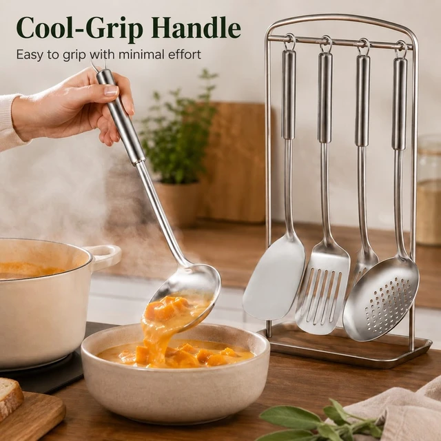 Alt view image 4 of 7 - Cooking Utensils Set - 4 Pcs Stainless Steel Kitchen Utensils Set with Solid Turner, Slotted Turner, Serving Ladle, Slotted Spoon, Wok Utensils Set with Heat Resistant Handle, Dishwasher Safe