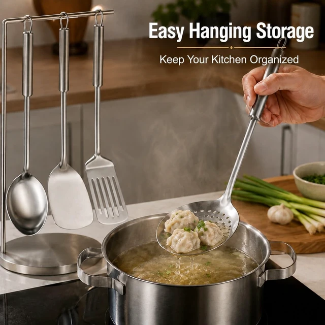Alt view image 5 of 7 - Cooking Utensils Set - 4 Pcs Stainless Steel Kitchen Utensils Set with Solid Turner, Slotted Turner, Serving Ladle, Slotted Spoon, Wok Utensils Set with Heat Resistant Handle, Dishwasher Safe