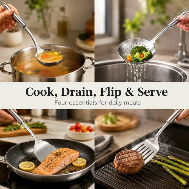 Alt view image 6 of 7 - Cooking Utensils Set - 4 Pcs Stainless Steel Kitchen Utensils Set with Solid Turner, Slotted Turner, Serving Ladle, Slotted Spoon, Wok Utensils Set with Heat Resistant Handle, Dishwasher Safe