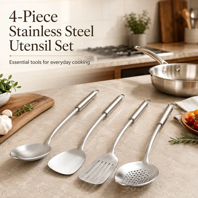 Alt view image 7 of 7 - Cooking Utensils Set - 4 Pcs Stainless Steel Kitchen Utensils Set with Solid Turner, Slotted Turner, Serving Ladle, Slotted Spoon, Wok Utensils Set with Heat Resistant Handle, Dishwasher Safe