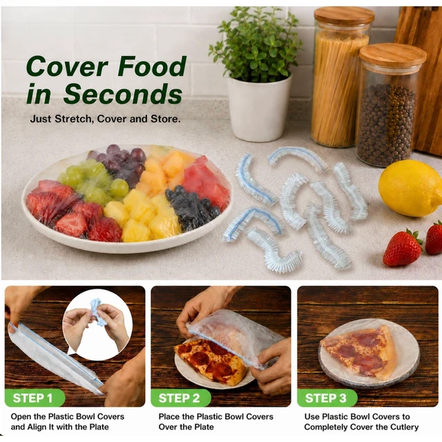 Alt view image 4 of 5 - 200PCS Plastic Bowl Covers, 2 Sizes Bowl Covers for Bread Proofing | Plastic Wrap for Food, Elastic Food Covers, Reusable Bowl Covers for Trays, Plates, Sourdough Bowls, Large Bowls