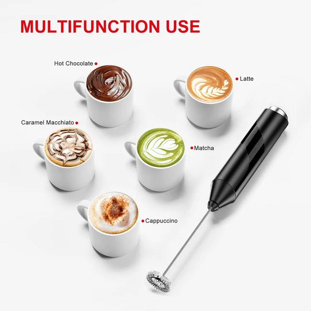 Alt view image 4 of 6 - Milk Frother for Coffee, Battery Operated, Black | Fast Handheld Drink Mixer with Stainless Steel Whisk, Powerful Hand Frother, Creates Rich Foam