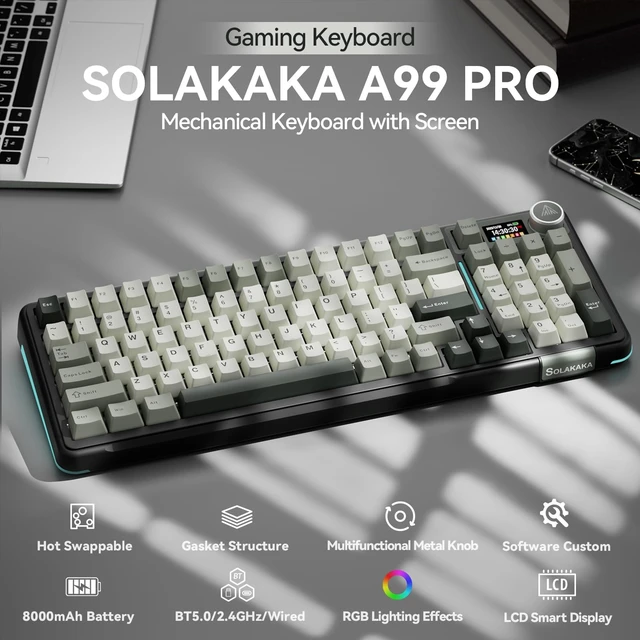 Alt view image 2 of 7 - A99 Pro Wireless Mechanical Keyboard with LCD Screen & Metal Knob, 2.4GHz/BT5.0/USB-C, RGB Backlit Gaming Keyboard, Hot Swappable, Creamy Keyboard with Gasket Structure, for Win/Mac