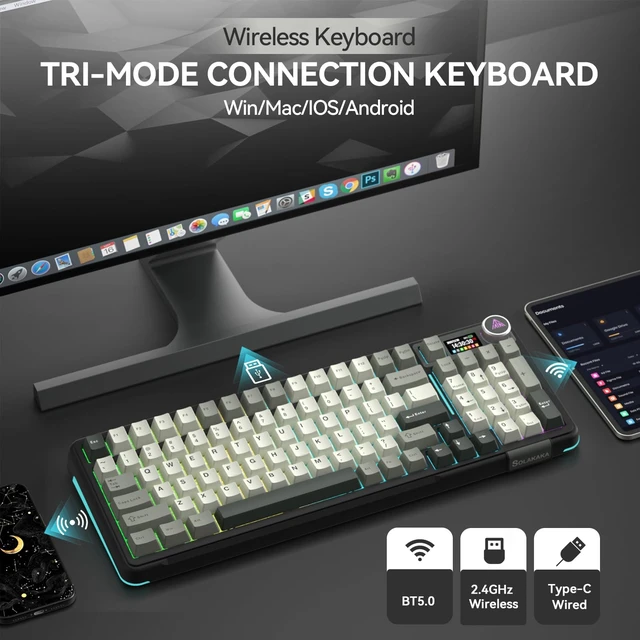 Alt view image 3 of 7 - A99 Pro Wireless Mechanical Keyboard with LCD Screen & Metal Knob, 2.4GHz/BT5.0/USB-C, RGB Backlit Gaming Keyboard, Hot Swappable, Creamy Keyboard with Gasket Structure, for Win/Mac