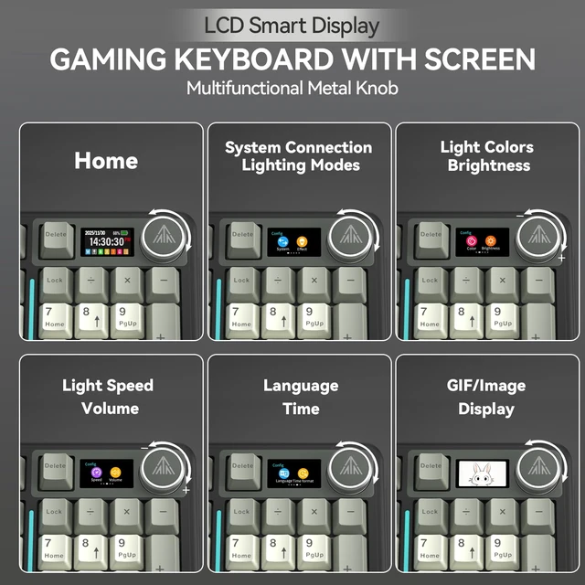 Alt view image 4 of 7 - A99 Pro Wireless Mechanical Keyboard with LCD Screen & Metal Knob, 2.4GHz/BT5.0/USB-C, RGB Backlit Gaming Keyboard, Hot Swappable, Creamy Keyboard with Gasket Structure, for Win/Mac
