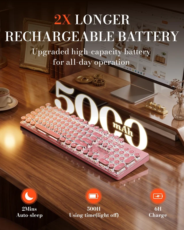 Alt view image 2 of 7 - Wireless Typewriter Style Mechanical Keyboard with White Backlit, Pink | Bluetooth/2.4G/Wired, Clicky Blue Switch, Retro Keycaps, Rechargeable, Aesthetic Set for Mac, Windows, PCEWEADN