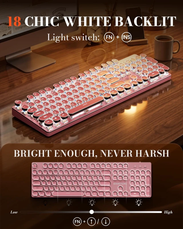 Alt view image 3 of 7 - Wireless Typewriter Style Mechanical Keyboard with White Backlit, Pink | Bluetooth/2.4G/Wired, Clicky Blue Switch, Retro Keycaps, Rechargeable, Aesthetic Set for Mac, Windows, PCEWEADN