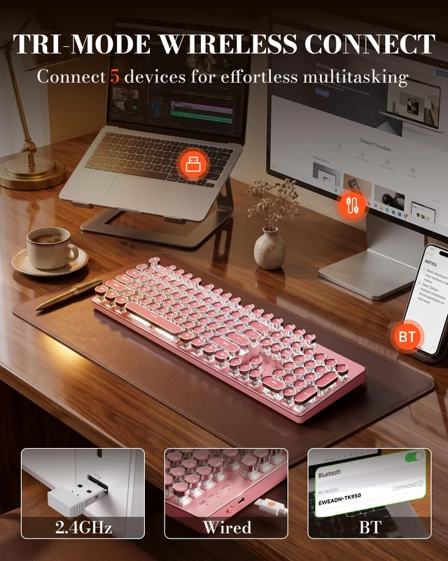 Alt view image 4 of 7 - Wireless Typewriter Style Mechanical Keyboard with White Backlit, Pink | Bluetooth/2.4G/Wired, Clicky Blue Switch, Retro Keycaps, Rechargeable, Aesthetic Set for Mac, Windows, PCEWEADN