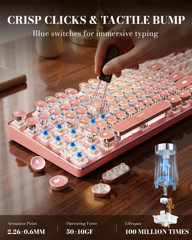 Alt view image 5 of 7 - Wireless Typewriter Style Mechanical Keyboard with White Backlit, Pink | Bluetooth/2.4G/Wired, Clicky Blue Switch, Retro Keycaps, Rechargeable, Aesthetic Set for Mac, Windows, PCEWEADN