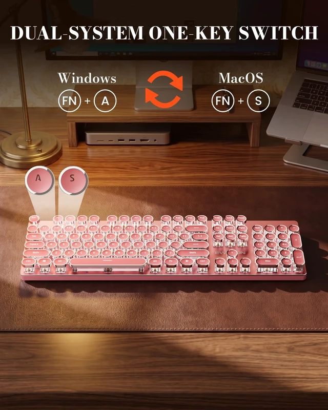 Alt view image 7 of 7 - Wireless Typewriter Style Mechanical Keyboard with White Backlit, Pink | Bluetooth/2.4G/Wired, Clicky Blue Switch, Retro Keycaps, Rechargeable, Aesthetic Set for Mac, Windows, PCEWEADN