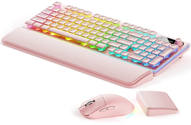 Main image of V98 Wireless Keyboard and Mouse Combo with Dual Wrist Rest, Pink | Dual ergonomic wrist rest, 9 backlit effects, Metal Panel, Volume Knob, Quite typing for office/ home, Fits Laptop/PC/Mac
