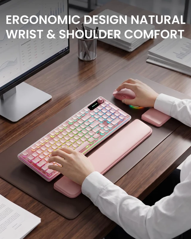 Alt view image 2 of 7 - V98 Wireless Keyboard and Mouse Combo with Dual Wrist Rest, Pink | Dual ergonomic wrist rest, 9 backlit effects, Metal Panel, Volume Knob, Quite typing for office/ home, Fits Laptop/PC/Mac