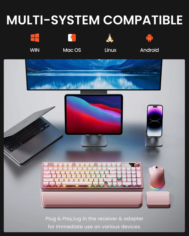 Alt view image 6 of 7 - V98 Wireless Keyboard and Mouse Combo with Dual Wrist Rest, Pink | Dual ergonomic wrist rest, 9 backlit effects, Metal Panel, Volume Knob, Quite typing for office/ home, Fits Laptop/PC/Mac