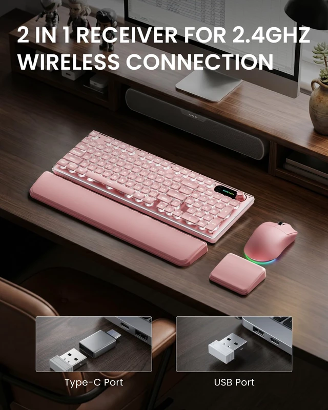 Alt view image 4 of 7 - V98 Wireless Keyboard and Mouse Combo with Dual Wrist Rest, Pink | Dual ergonomic wrist rest, 9 backlit effects, Metal Panel, Volume Knob, Quite typing for office/ home, Fits Laptop/PC/Mac