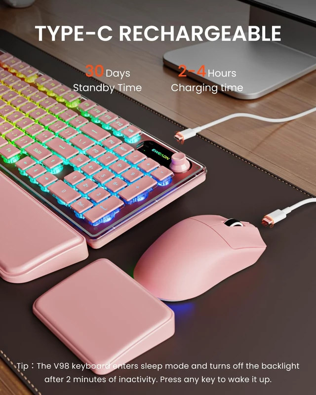 Alt view image 5 of 7 - V98 Wireless Keyboard and Mouse Combo with Dual Wrist Rest, Pink | Dual ergonomic wrist rest, 9 backlit effects, Metal Panel, Volume Knob, Quite typing for office/ home, Fits Laptop/PC/Mac