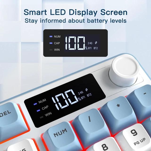 Alt view image 4 of 7 - GK210 Wireless Gaming Keyboard with Display & Knob, Tri-Mode BT5.0/2.4GHz/Wired Connectivity RGB Backlit Keyboard with Number Pad, 98-Key Layout, 26-Key Anti-Ghosting, Compatible for Mac, Windows