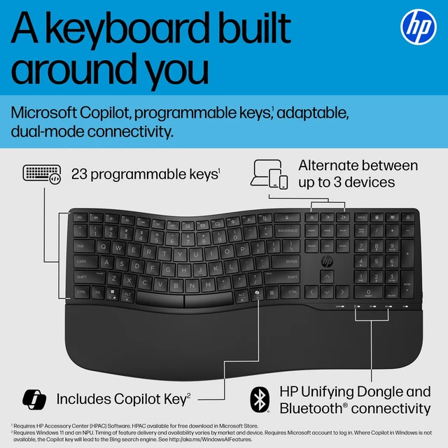 Alt view image 2 of 7 - Comfort Dual-Mode Keyboard, Microsoft Copilot, Adjustable, HP Unifying Dongle, 2.4G Bluetooth, Black, 8T6L8AA