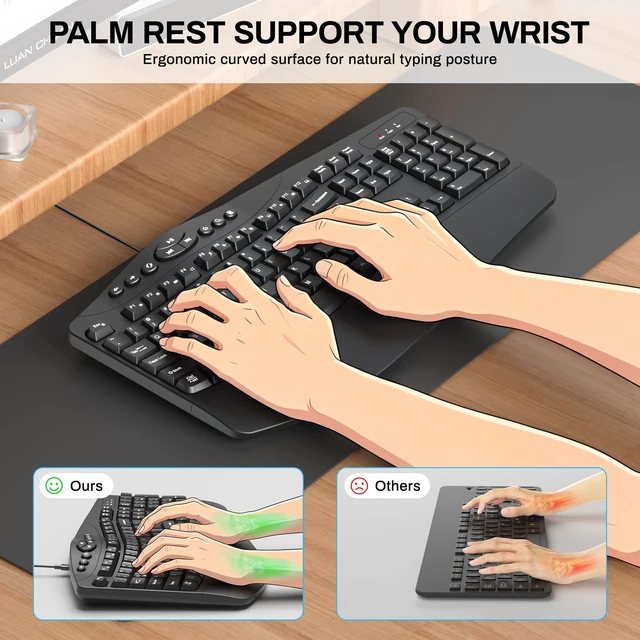 Alt view image 2 of 7 - Ergonomic Wired Keyboard with Wrist Rest,9 Independent Shortcut Keys | Spill-Resistant, Wave Keys for Natural Typing,Integrated USH Hub Compatible with Windows/PC/Laptop(Black)