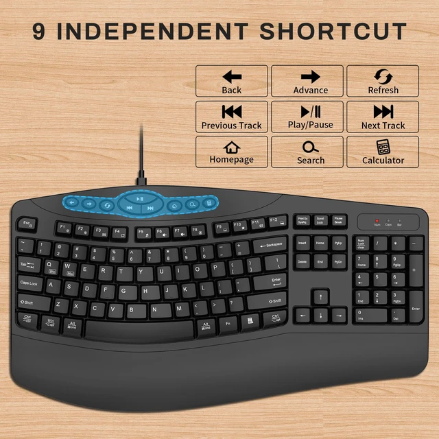 Alt view image 3 of 7 - Ergonomic Wired Keyboard with Wrist Rest,9 Independent Shortcut Keys | Spill-Resistant, Wave Keys for Natural Typing,Integrated USH Hub Compatible with Windows/PC/Laptop(Black)