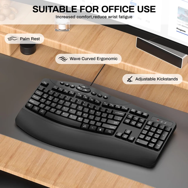Alt view image 5 of 7 - Ergonomic Wired Keyboard with Wrist Rest,9 Independent Shortcut Keys | Spill-Resistant, Wave Keys for Natural Typing,Integrated USH Hub Compatible with Windows/PC/Laptop(Black)