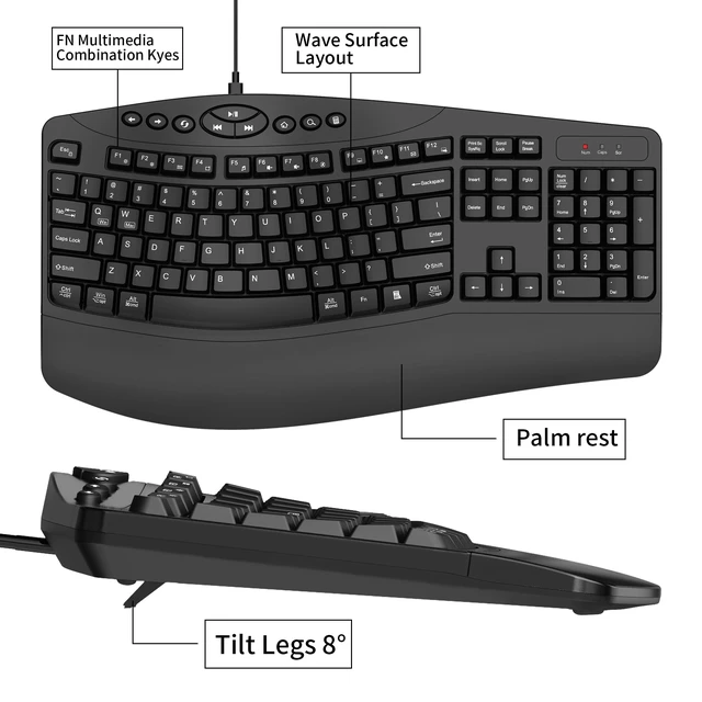 Alt view image 7 of 7 - Ergonomic Wired Keyboard with Wrist Rest,9 Independent Shortcut Keys | Spill-Resistant, Wave Keys for Natural Typing,Integrated USH Hub Compatible with Windows/PC/Laptop(Black)
