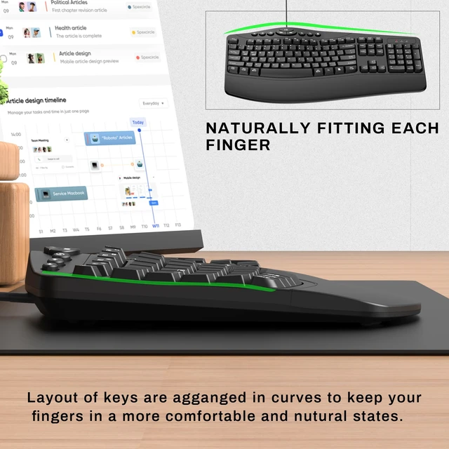 Alt view image 6 of 7 - Ergonomic Wired Keyboard with Wrist Rest,9 Independent Shortcut Keys | Spill-Resistant, Wave Keys for Natural Typing,Integrated USH Hub Compatible with Windows/PC/Laptop(Black)