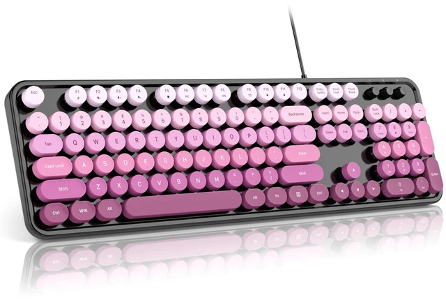 Main image of Computer Keyboard Wired,Round Key Retro Typewriter Keyboard Full Size | USB Plug and Play, for Laptop, PC, Desktop, Windows (Black Pink Gradient Color)