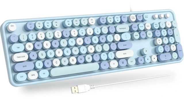 Main image of USB Wired Computer Keyboard - Retro Typewriter Keyboard - Full Size Office Keyboard with Number Pad, Caps Indicators, Foldable Stands, for PC Laptop Desktop Windows (Blue Colorful)