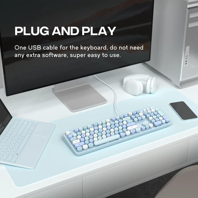 Alt view image 3 of 7 - USB Wired Computer Keyboard - Retro Typewriter Keyboard - Full Size Office Keyboard with Number Pad, Caps Indicators, Foldable Stands, for PC Laptop Desktop Windows (Blue Colorful)