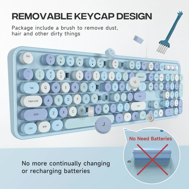 Alt view image 2 of 7 - USB Wired Computer Keyboard - Retro Typewriter Keyboard - Full Size Office Keyboard with Number Pad, Caps Indicators, Foldable Stands, for PC Laptop Desktop Windows (Blue Colorful)