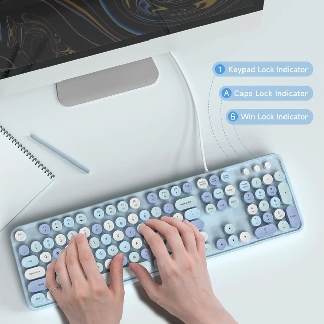 Alt view image 4 of 7 - USB Wired Computer Keyboard - Retro Typewriter Keyboard - Full Size Office Keyboard with Number Pad, Caps Indicators, Foldable Stands, for PC Laptop Desktop Windows (Blue Colorful)