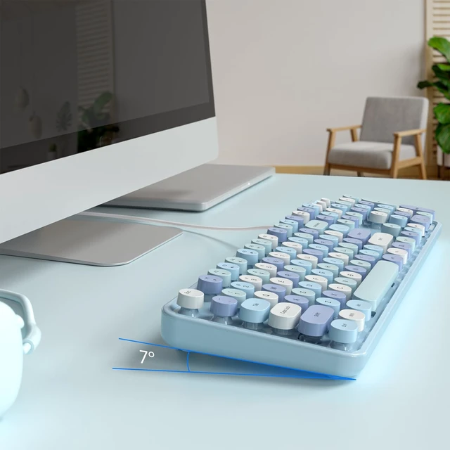 Alt view image 5 of 7 - USB Wired Computer Keyboard - Retro Typewriter Keyboard - Full Size Office Keyboard with Number Pad, Caps Indicators, Foldable Stands, for PC Laptop Desktop Windows (Blue Colorful)