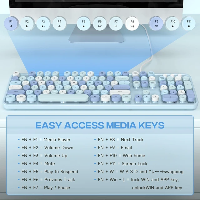 Alt view image 6 of 7 - USB Wired Computer Keyboard - Retro Typewriter Keyboard - Full Size Office Keyboard with Number Pad, Caps Indicators, Foldable Stands, for PC Laptop Desktop Windows (Blue Colorful)