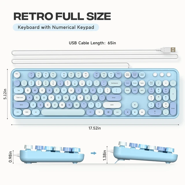 Alt view image 7 of 7 - USB Wired Computer Keyboard - Retro Typewriter Keyboard - Full Size Office Keyboard with Number Pad, Caps Indicators, Foldable Stands, for PC Laptop Desktop Windows (Blue Colorful)