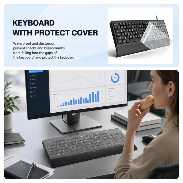 Alt view image 6 of 7 - Large Print Computer Keyboard,High Contrast Big Letter for Seniors Visually | Keyboard for elderly Low Vision,Non Fade Letter,Wired USB Full Size with Wrist Rest for WindowsNo Backlit