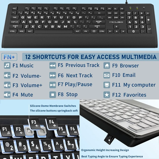 Alt view image 4 of 7 - Large Print Computer Keyboard,High Contrast Big Letter for Seniors Visually | Keyboard for elderly Low Vision,Non Fade Letter,Wired USB Full Size with Wrist Rest for WindowsNo Backlit