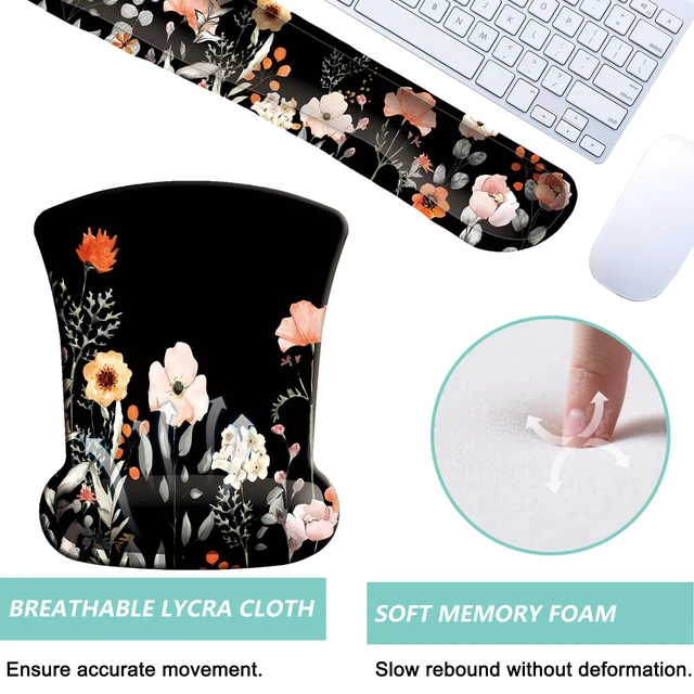 Alt view image 3 of 7 - Keyboard Wrist Rest Pad Mouse Pad with Wrist Support Set of 3, Gaming Mousepad with Non-Slip Rubber Base, Ergonomic Memory Foam Mouse Cushion Support for Home Office Laptop Computer, Flower Black