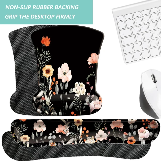 Alt view image 4 of 7 - Keyboard Wrist Rest Pad Mouse Pad with Wrist Support Set of 3, Gaming Mousepad with Non-Slip Rubber Base, Ergonomic Memory Foam Mouse Cushion Support for Home Office Laptop Computer, Flower Black