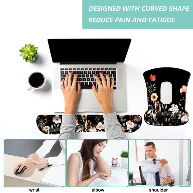 Alt view image 5 of 7 - Keyboard Wrist Rest Pad Mouse Pad with Wrist Support Set of 3, Gaming Mousepad with Non-Slip Rubber Base, Ergonomic Memory Foam Mouse Cushion Support for Home Office Laptop Computer, Flower Black