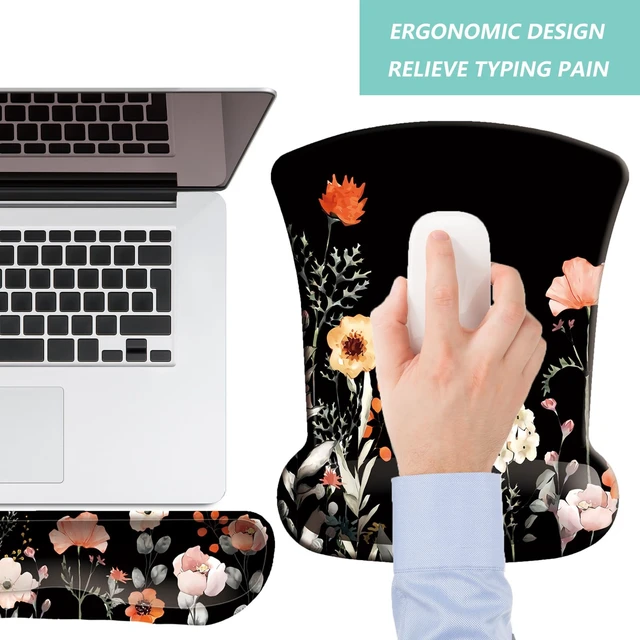 Alt view image 7 of 7 - Keyboard Wrist Rest Pad Mouse Pad with Wrist Support Set of 3, Gaming Mousepad with Non-Slip Rubber Base, Ergonomic Memory Foam Mouse Cushion Support for Home Office Laptop Computer, Flower Black