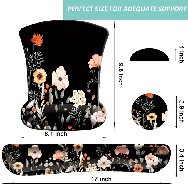 Alt view image 6 of 7 - Keyboard Wrist Rest Pad Mouse Pad with Wrist Support Set of 3, Gaming Mousepad with Non-Slip Rubber Base, Ergonomic Memory Foam Mouse Cushion Support for Home Office Laptop Computer, Flower Black