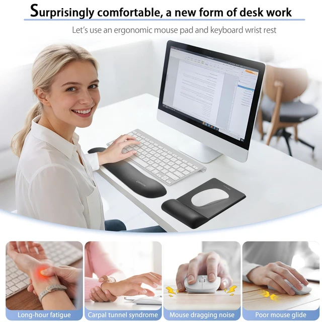Alt view image 3 of 7 - Wide Size Mouse Pad with Wrist Rest & L-Size Keyboard Wrist Rest Set,Premium PU Material,Low-Rebound Cushion,Ergonomic Design,Smooth Mouse Control with Hard Plate,Reduces Fatigue,Black