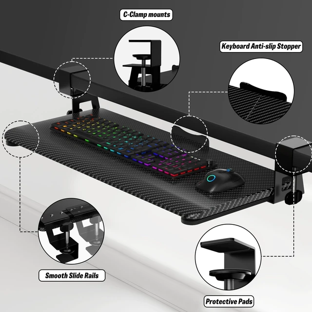 Alt view image 4 of 7 - Under Desk Keyboard Tray, Slide-Out Keyboard Drawer with C-Clamp 25.6"x11.8"