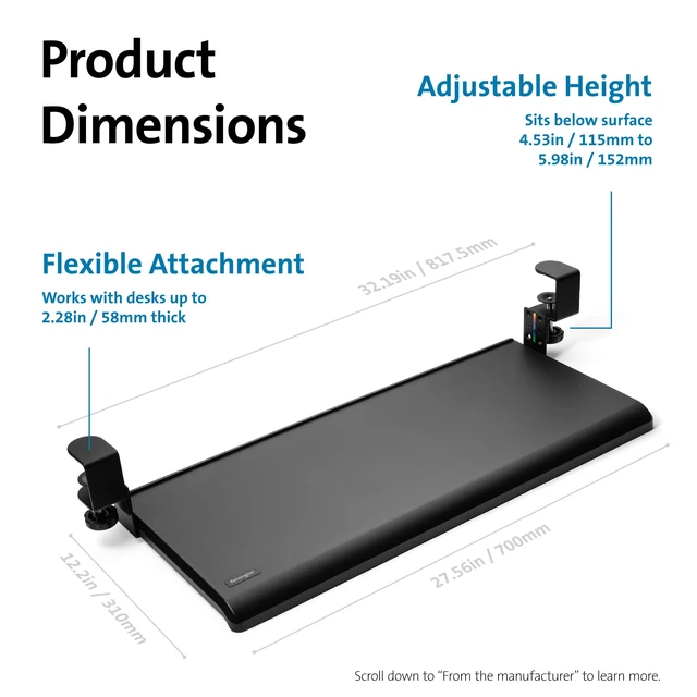 Alt view image 7 of 7 - Clamp-On Keyboard Tray, Under Desk Keyboard Drawer with Cable Management, Ergonomic Smartfit Slide-out Height Adjustable Keyboard Holder, Black 13.3"x32.4"x2.4" K55407WW