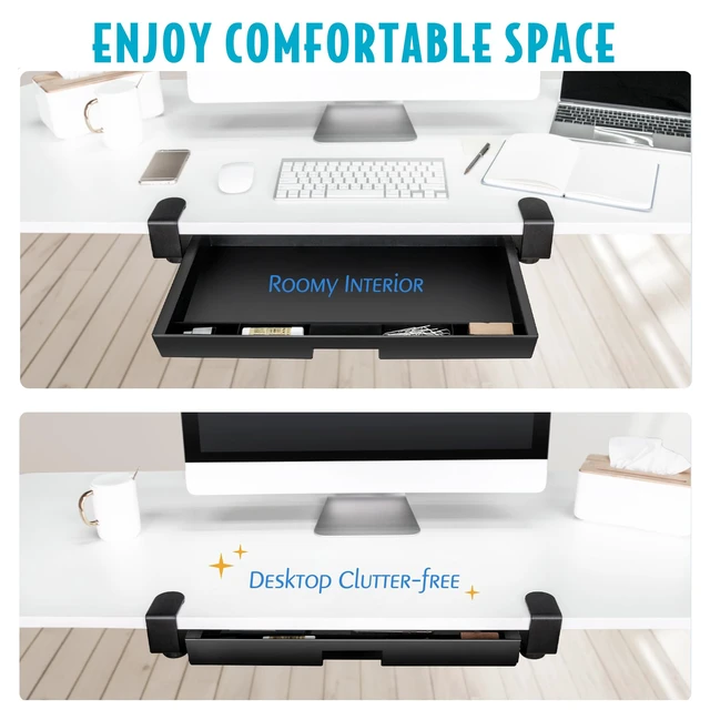 Alt view image 2 of 7 - Under Desk Slide-Out Storage Drawer, Large 20" x 11.8" Clamp-On Pull-Out Organizer with Adjustable Height, Space-Saving Tray for Office Supplies and Accessories, TAA-Compliant