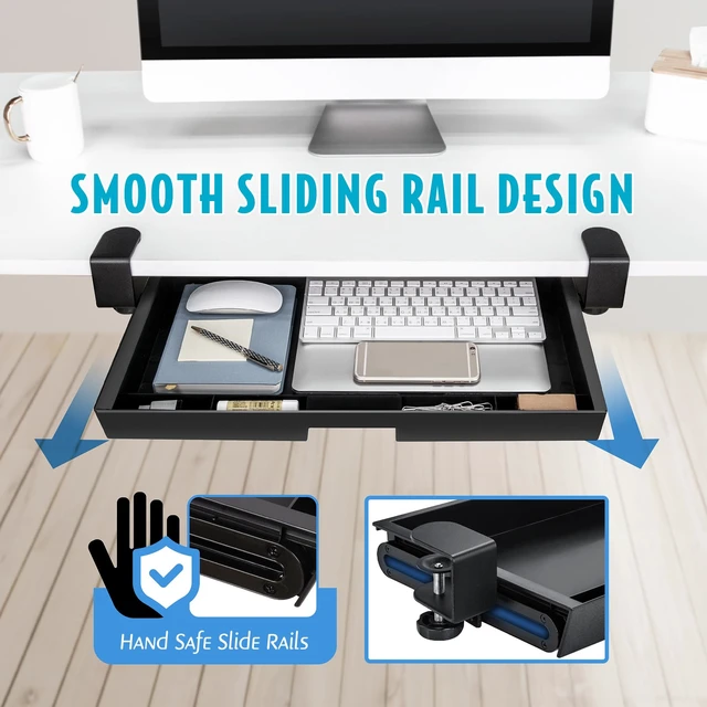 Alt view image 3 of 7 - Under Desk Slide-Out Storage Drawer, Large 20" x 11.8" Clamp-On Pull-Out Organizer with Adjustable Height, Space-Saving Tray for Office Supplies and Accessories, TAA-Compliant